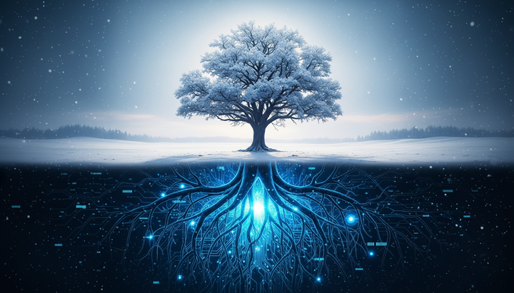 Titelbild: Baum mit digitalen Wurzeln