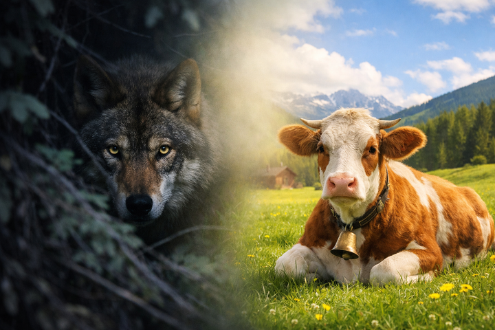 Geteiltes Bild mit fließendem Lichtübergang: links ein Wolf im dunklen Wald, rechts eine Kuh auf sonniger Almwiese – symbolisiert den Kontrast zwischen Bedrohung und Frieden.